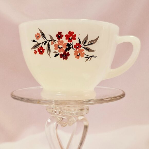 Fire King Primrose SINGLE Milk Glass Cup, Pink & Red Flowers, Vintage 1960-62 - Picture 2 of 9